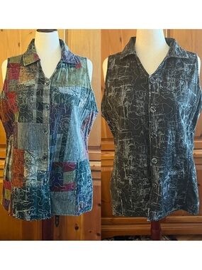 Reversible Vest. Patchwork & Black Print Button-Front XL